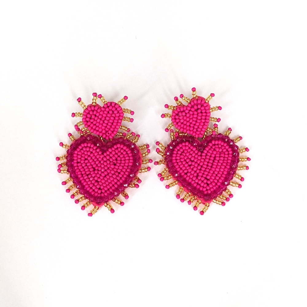 Pink Beaded Heart Earrings